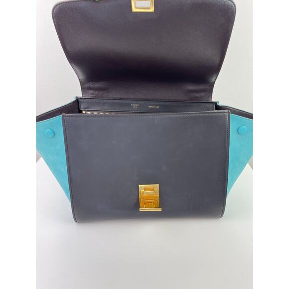 CELINE Trapeze Black Turquoise Teal Taupe Tricolor Leather 2 Handle Strap ITALY - Picture 12 of 16
